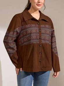 Momelise Plus Size Corduroy Contrast Color Print Long Sleeve Shirt - Coffee Brown - View 3