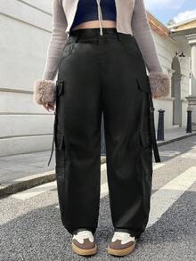 Rivivi 大码女式弹力涂层裤，性感黑色阔腿工装皮裤，功能性宽松 PU 涂层休闲直筒香蕉裤，秋冬 - 黑色 - 查看 6