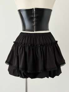 Sunspun 大码秋冬系带蝴蝶结荷叶边下摆优雅复古可爱 Y2K 休闲双层短裤 - 黑色 - 查看 2