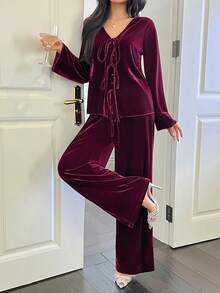 DAZY Women's Velvet Tie Design Pajama Set, Autumn/Winter - Burgundy - View 7