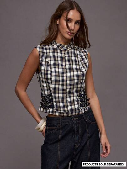 MUSERA Top ajustado con cuello de pie, cremallera, cinturón y detalles laterales a cuadros, para salir de noche, otoño e invierno, elegante