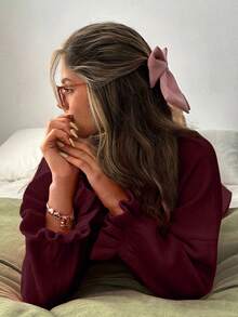 EURMUSE Oversized Soft-Touch Knit Sweater With Ruffled Cuff Sleeves And Crew Neck In Vibrant Pinky - Burgundy - View 3