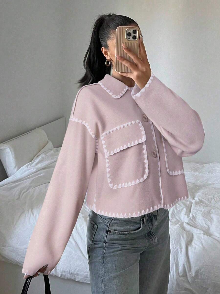 SHEIN EZwear 秋冬优雅休闲粉色撞色长袖口袋夹克 - 粉色 - 查看 1