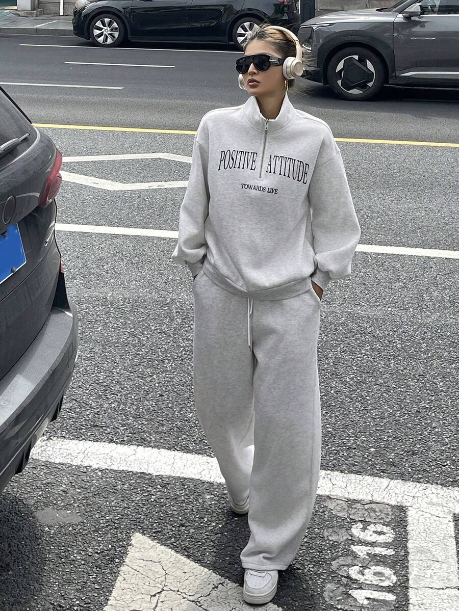 DAZY Conjunto de ropa de estar en casa de mujer con estampado de letras en felpa, conjunto de ropa de estar cómoda para el invierno - Gris - Ver 1