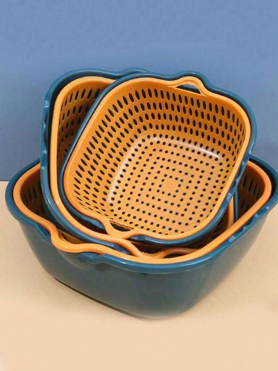6/2 件套，滤水篮，双层沥水篮，塑料滤水篮，可重复使用的洗衣篮，厨房家用滤水篮，果蔬清洗篮，厨房用品，厨房小工具，厨房配件 - 彩色 - 查看 1