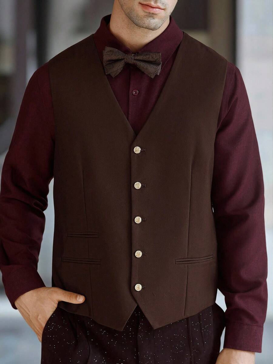 Manfinity Bizformal 男士纯色V领单排扣休闲商务通勤背心 - 棕色 - 查看 1