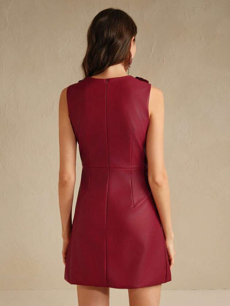 Women's Round Neck Sleeveless 3D Floral Design Fitted Short Elegant Dress Burgundy Color Women Outfit