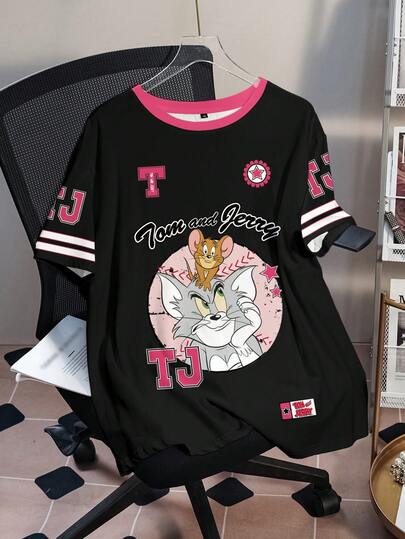 TOM & JERRY X SHEIN Plus Size Letter & Cartoon Graphic Round Neck Short Sleeve T-Shirt Anime Women Clothing Graphic Tees Women Y2k Cartoon Shirt Anime Shirt