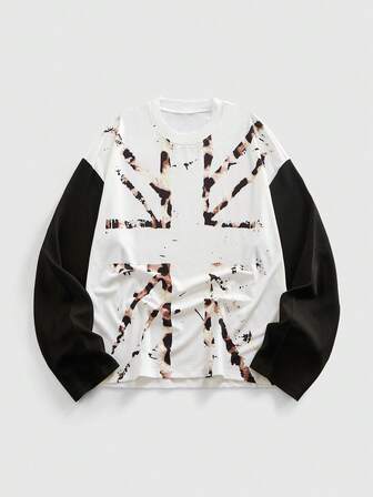 Street Life Camiseta de manga larga casual de cuello redondo con bloqueo de color e impresión de bandera para hombres