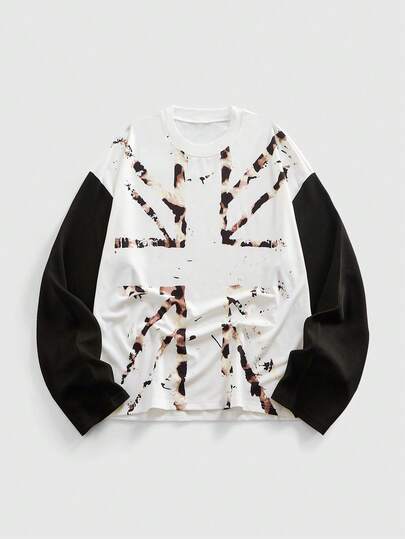 Street Life Camiseta de manga larga casual de cuello redondo con bloqueo de color e impresión de bandera para hombres