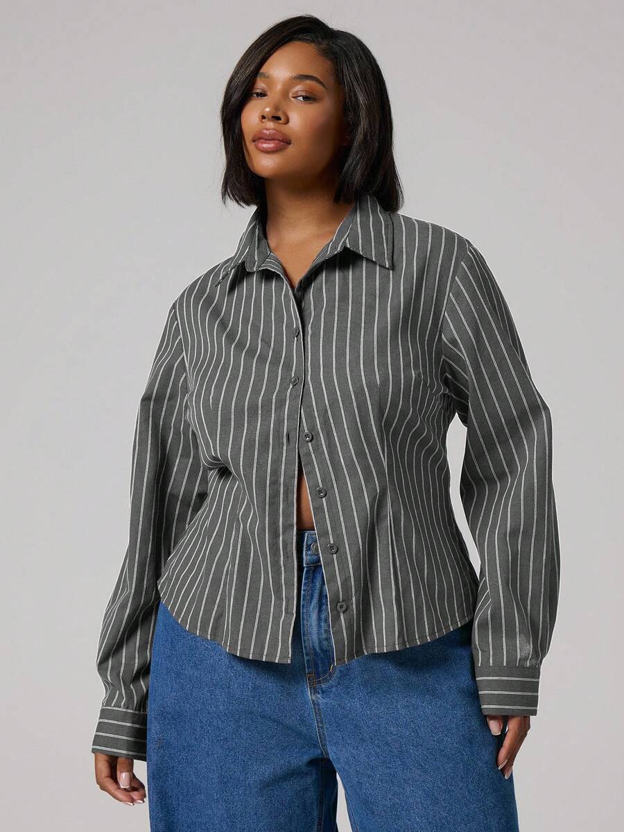 MUSERA 大码条纹收腰亚麻长袖衬衫，商务休闲节日派对春夏装 - 灰色 - 查看 1