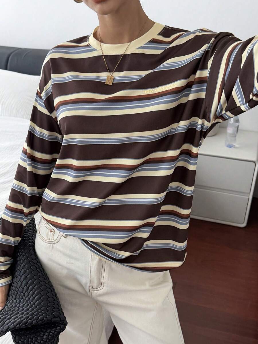 Livesso 女士休闲通勤条纹圆领T恤，秋季 - 棕色 - 查看 1