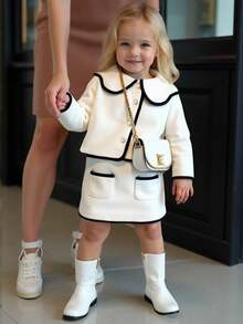 Souflis Souflis 2 件套幼儿女童时尚休闲百搭长袖夹克和裙子上衣，适合春季、秋季、冬季、居家、户外、返校、假日、日常穿着 - 杏色 - 查看 1