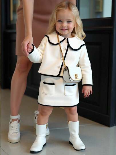 Souflis Souflis 2 st/set småbarnsflickor moderiktig avslappnad mångsidig krage långärmad jacka och kjoltopp, lämplig för vår, höst, vinter, hem, utomhus, skolstart, helgdagar, vardagskläder