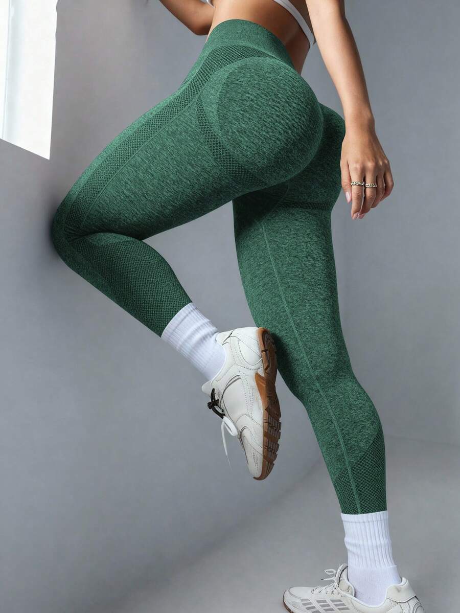 Gameset SHEIN Sport Quần legging cạp cao liền mạch màu trơn dành cho nữ - Màu xanh lá cây đậm - Xem 1