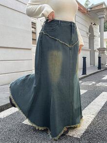 SHEIN EZwear Váy ngắn ôm sát denim chắp vá tua rua màu xanh phong cách cowgirl cỡ lớn cho nữ, trang phục mùa đông - Rửa trung bình - Xem 4