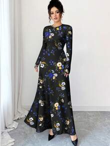 Modelyn 女式花卉印花时尚圆领长袖A字连衣裙，春秋季 - 彩色 - 查看 3