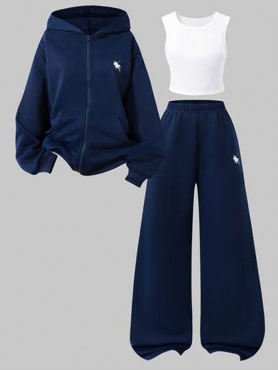 Conjunto de 3 piezas de ropa casual para adolescentes, que incluye sudadera con capucha y cremallera con estampado de caballo, top blanco de tirantes y pantalones rectos de cintura elástica, para otoño