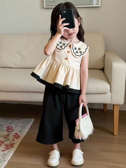 SHEIN 2-Piece Baby Girl Casual Floral Embroidered Lapel Sleeveless Top And Pants Set Suitable For Spring And Summer, Outdoor Travel Daily Wear