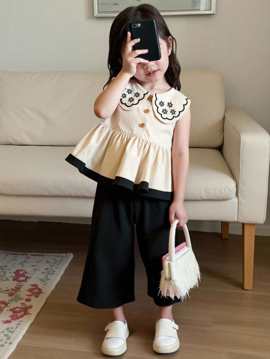 SHEIN 两件套女婴休闲花卉刺绣翻领无袖上衣和裤子套装适合春夏季户外旅行日常穿着 - 彩色 - 查看 1