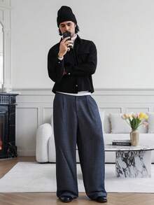Manfinity Homme Men's Fashionable Versatile Commuter Split Design Baggy Wide Leg Pants,Old Money Style Suitable For Home Or Outdoor Scenes For Winter - Blue - View 2