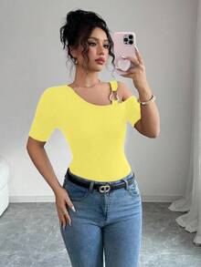 Elenzga Summer Casual Solid Color Asymmetric Collar Short Sleeve T-Shirt