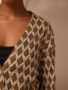 Glamine 女式时尚复古百搭V领纽扣长袖夹克 - 彩色 - 查看 8