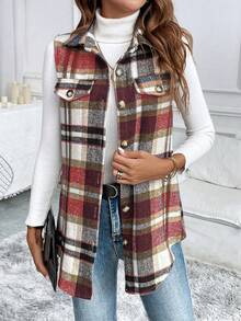 SHEIN PETITE Women's Thin Red & White Plaid Single-Breasted Casual Thin Vest Jacket - Multicolor - View 3