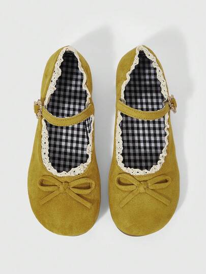 Kawaii Women's Yellow Mary Jane Shoes, Closed Toe, Lolita Style Flats With Bow, Lace, Ballet Flats