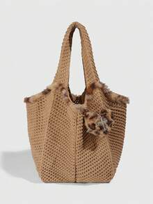 ROMWE Fairycore 1pc Sweet And Cool Khaki Leopard Print Edge Knitted Bag, A Punk Rivet Heart Decoration Shoulder Bag, Autumn And Winter Campus Style Tote Bag, Large Capacity - shallow khaki - View 1
