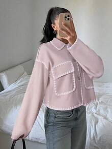 SHEIN EZwear 秋冬优雅休闲粉色撞色长袖口袋夹克 - 粉色 - 查看 7