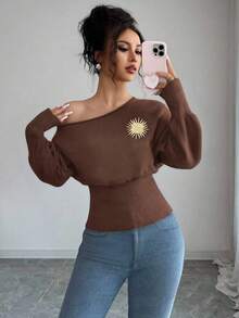 Selianne Women's Lantern Sleeve Sunflower Metal Decor Waist Sweater With Asymmetric Shoulder Design - Coffee Brown - View 5