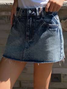 DAZY Women's Summer Frayed Hem Super Skirt, Casual Denim Mini Skirt Y2k - Medium Wash - View 1