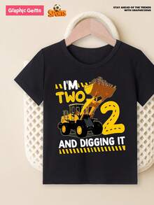 SHEIN 可爱卡通挖掘机图案男童短袖休闲字母图案 T 恤