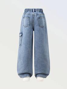SHEIN 少女牛仔裤，中蓝色牛仔布，Y2K风格，休闲时尚，宽松阔腿，舒适棉质牛仔面料，蝴蝶结装饰，适合日常穿着、上学、聚会、旅行、返校季，秋季新品 - 中等水洗藍 - 查看 2