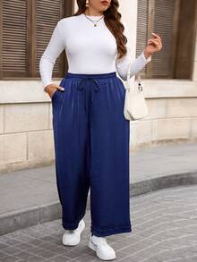 EMERY ROSE Plus Size Women Elegant Casual Wide Leg Stretch Pants - Navy Blue - View 5