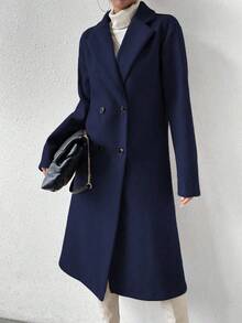RosyDaze Women's Solid Color Lapel Dropped Shoulder Long Sleeve Double-Breasted Fashionable & VersatilOvercoatat - Navy Blue - View 3