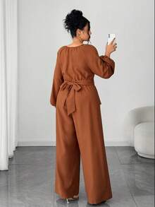 Elenzga 大码女士优雅金属串珠腰部纽扣蝴蝶结设计连体裤，时尚通勤款，棕色二合一设计，适合春秋季返校、毕业典礼、情人节、音乐节、母亲节、万圣节、感恩节、复活节、国庆节、舞会、约会派对、婚礼等场合。 - 棕色 - 查看 2