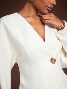 Hauture Women's Office Casual Elegant Low Front Neck With Barrel Sleeves Tweed Blazer - Beige - View 6