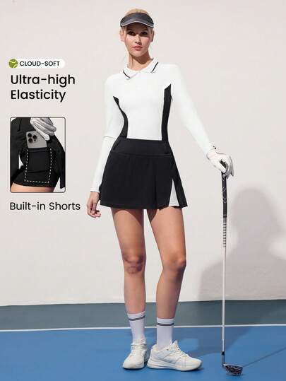 CourtClass 女式拼色马球领长袖上衣和迷你裙高尔夫服装