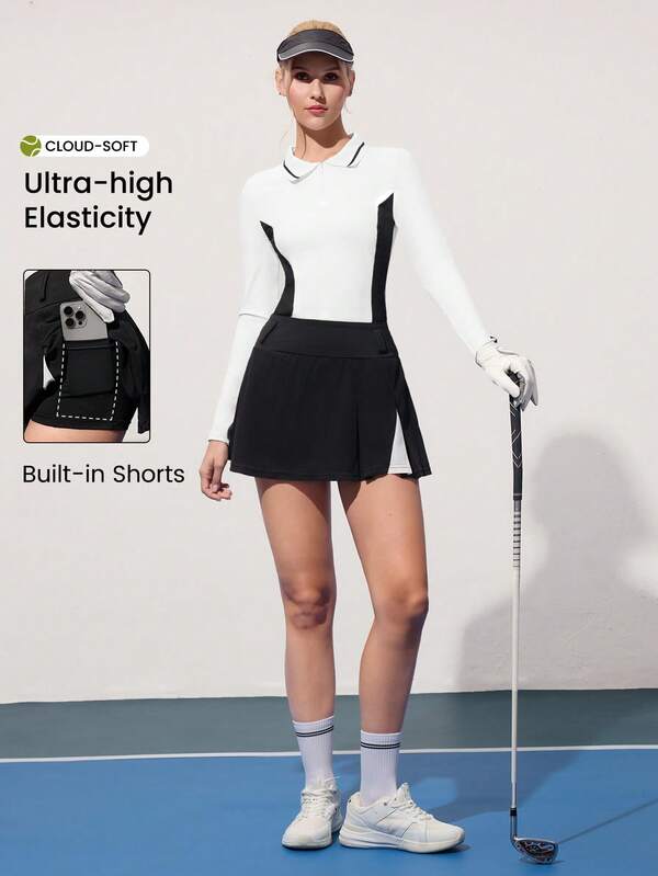 CourtClass Ensemble de golf femme avec Top à manches longues col polo blocs de couleurs et mini-jupe
