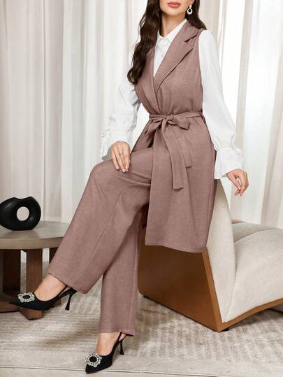 Modelyn 3 PiecesElegant Business Outfit: Solid Color Vest, Long Pants, And Shirt For Commuting In Autu2 Piecesece Set