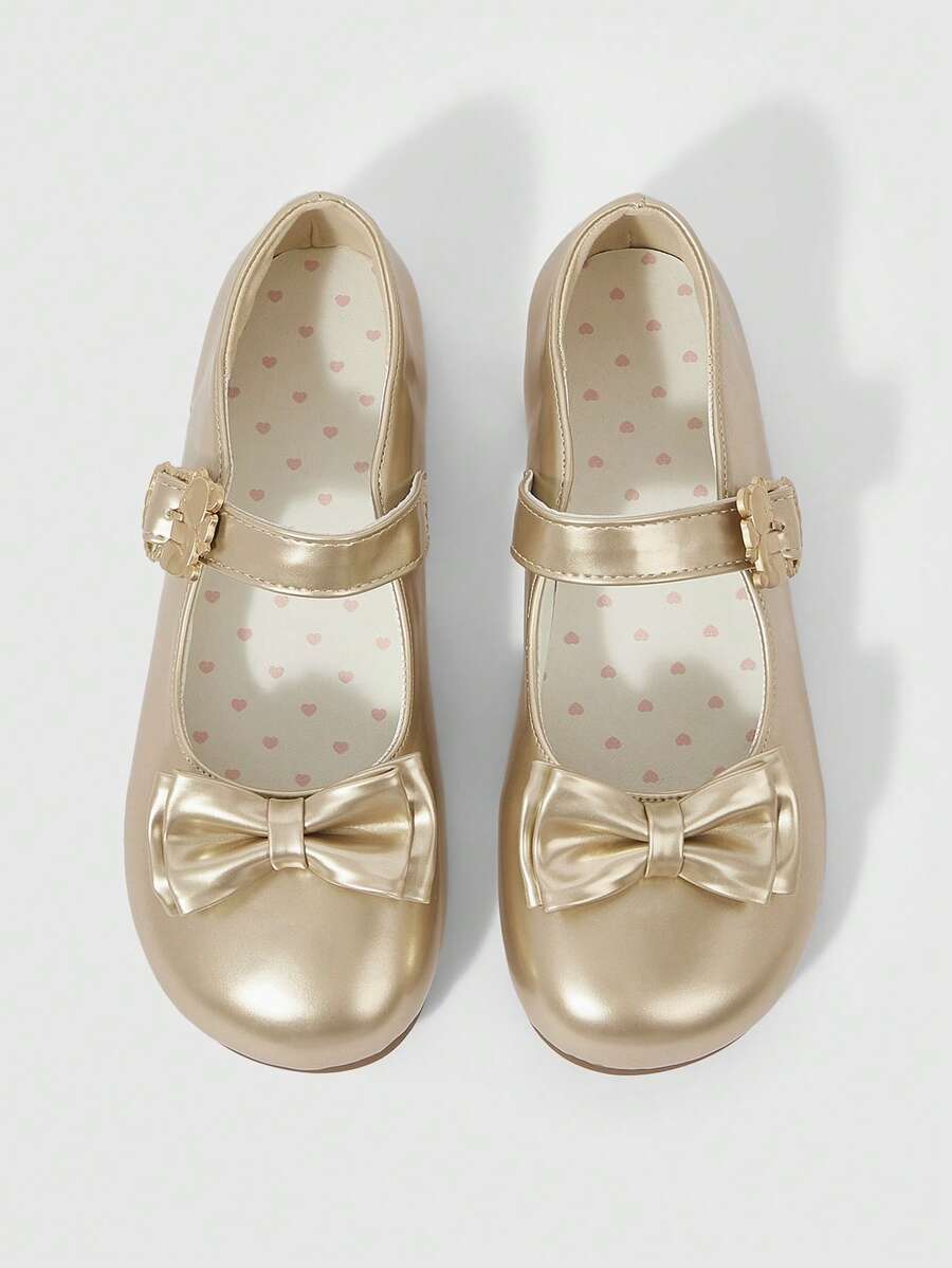 ROMWE Kawaii 女士棕色乐福鞋、包头玛丽珍鞋、蝴蝶结蕾丝洛丽塔芭蕾平底鞋 - 金色 - 查看 1