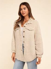 Coeurva 女士纯色翻领长袖单排扣休闲长夹克，秋冬 - 杏色 - 查看 4