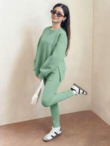 Sparklyn 1 Set Teen Girl's Fashion Personalized Casual Open Slit Loose Drop Shoulder Sweatshirt And Skinny Leggings Set, Green, Stylish Autumn/Winter Outfit - Green - View 3