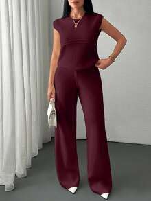 EURMUSE Two Pieces Sleeveless Knit Set Featuring Minimalist Crew Neck Top And High-Waisted Ribbed Pants In Soft Ivory - Burgundy - View 5