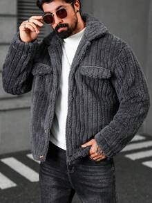 Manfinity CasualCool 男士抓绒法兰绒深灰色夹克，常规版型，袖长至手腕，休闲舒适，男士针织纽扣羊毛夹克，冬季款