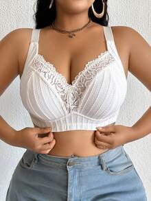 1pc Plus Size Lace Patchwork Wireless Bra - White - View 10