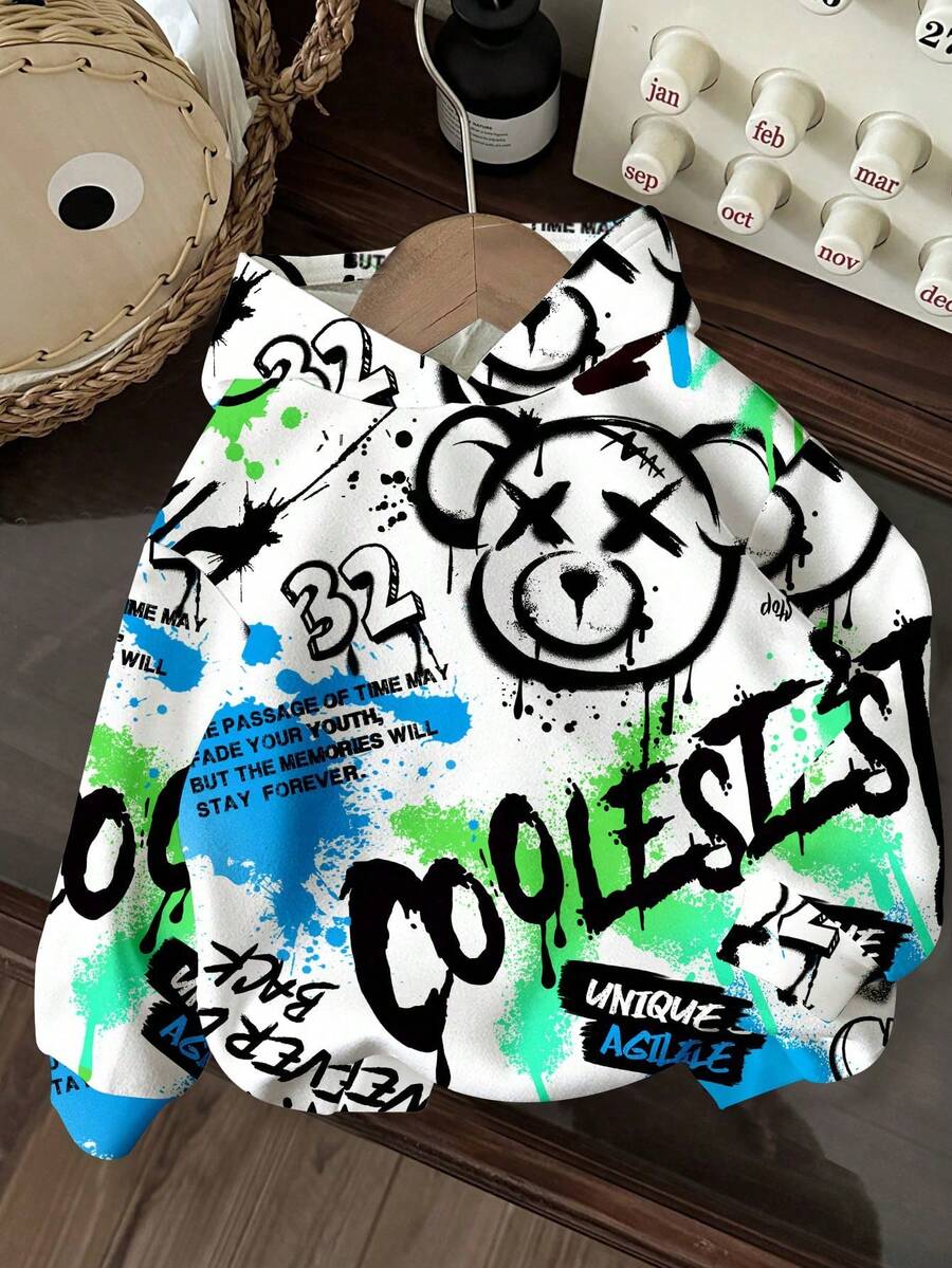 SHEIN 年轻男孩休闲简约卡通熊图案宽松舒适针织长袖连帽衫运动衫，适合秋冬季