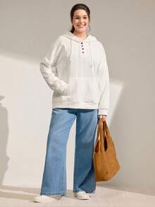 Momelise Plus Size Solid Color Half-Zip Drawstring Dropped Shoulder Long Sleeve Casual Embossed Sweatshirt - White - View 4